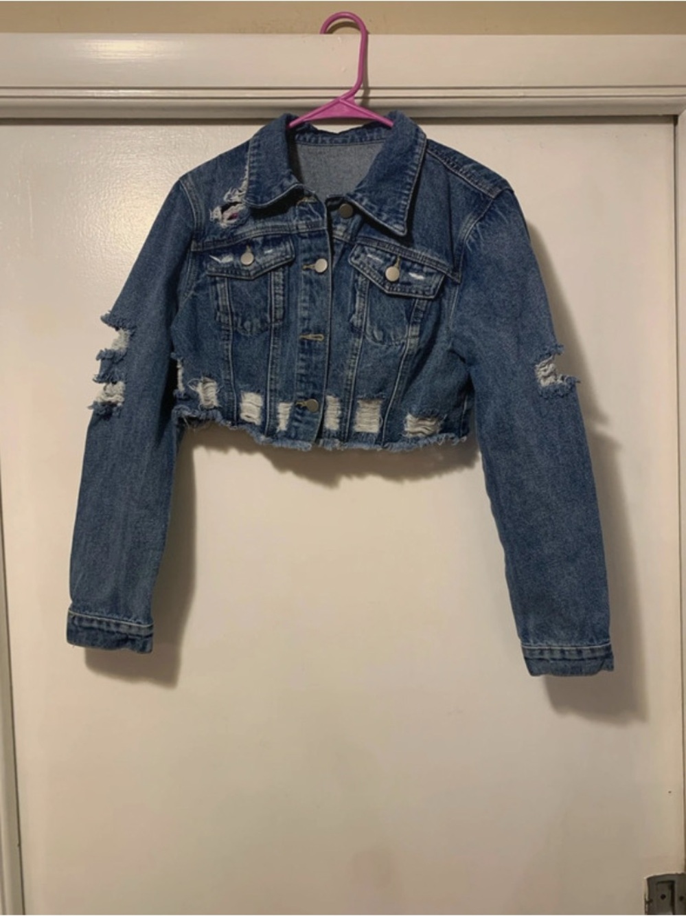Cropped Distressed Denim Jacket
